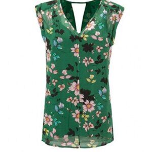 CAbi Green Floral Shadow Blouse Women's Size Medium Sheer #3619 with black cami